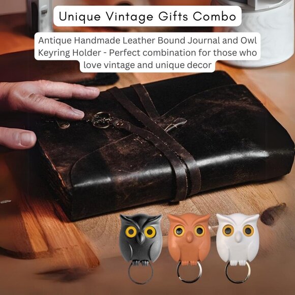 Antique Handmade Leather Men And Women Diary & Owl Keying Holder Pack1 ComboPack - Picture 1 of 11